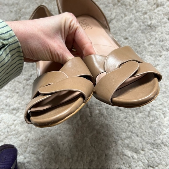 Franco Sarto: Tan Faux Leather Criss Cross Peep Toe Dressy High Heels Size 9M - Picture 6 of 10